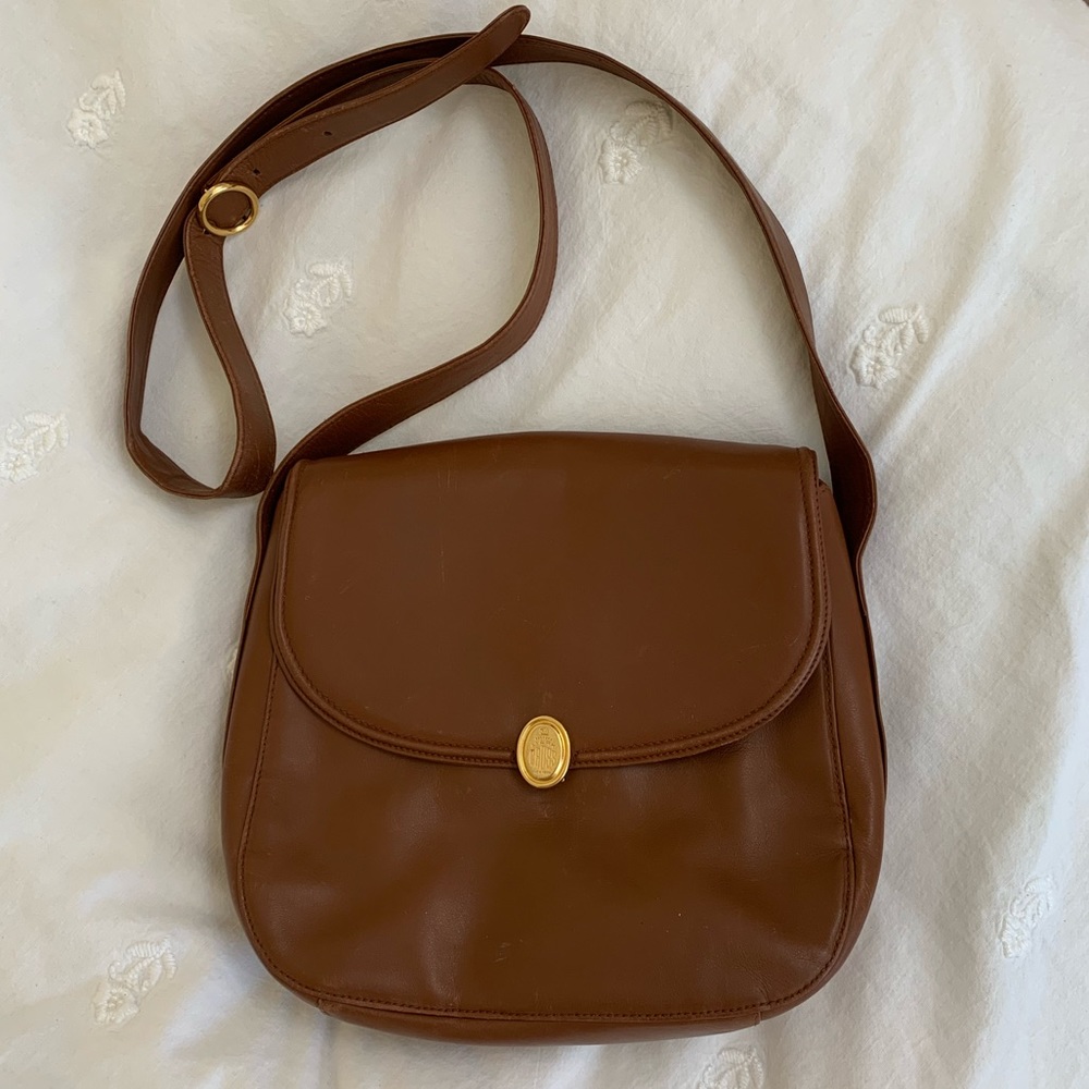 Vintage Mark Cross Brown Leather & Gold Crossbody Flap Bag